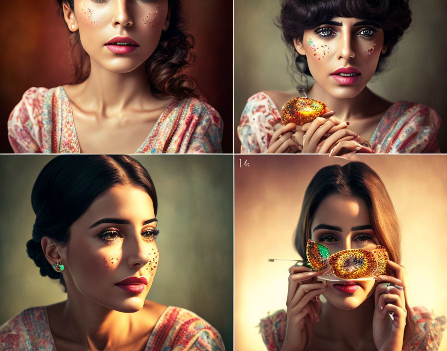 Four portraits of a woman with glittering makeup and hand fans in warm ambiance