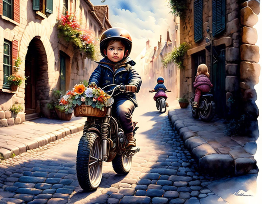 Child Riding Flower-Decorated Bicycle on Cobblestone Street