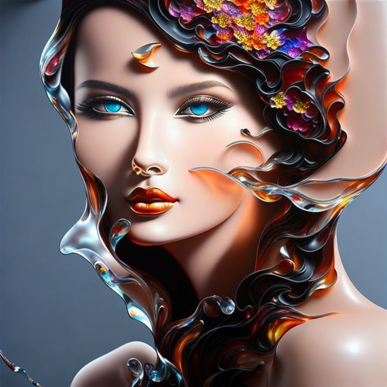 Digital Art: Woman with Blue Eyes, Flowing Hair, and Abstract Features