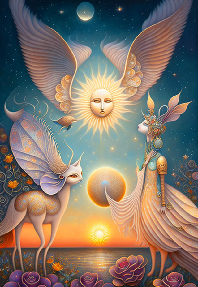 Fantasy Artwork: Winged Creature, Sun-faced Celestial Being, Fairy, Cosmic and Floral