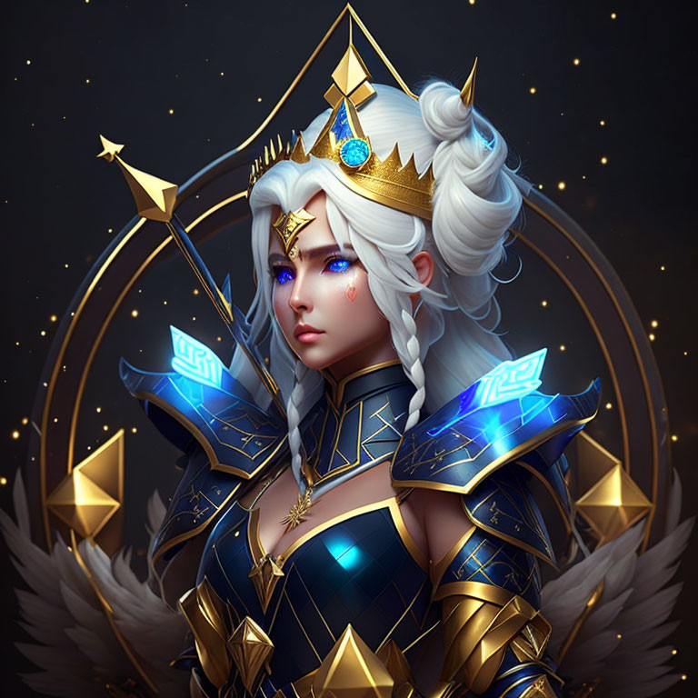Regal Female Character in White Hair & Blue Eyes with Golden Armor & Winged Shoulder Plates