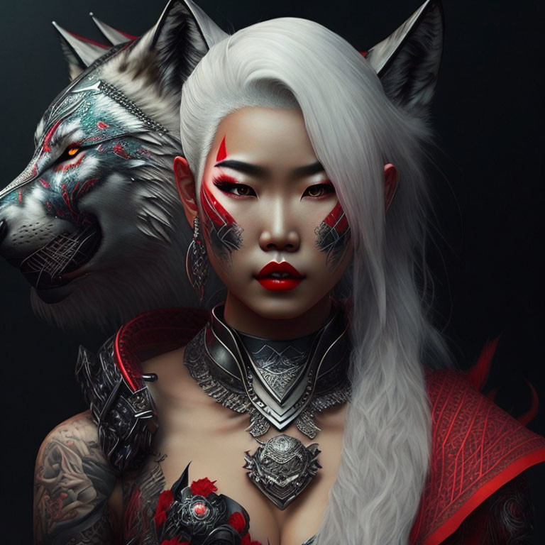 White-haired person with red makeup and traditional Asian patterns, with a matching wolf.
