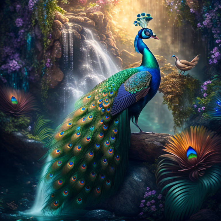 Colorful peacock displaying tail feathers in forest stream scene