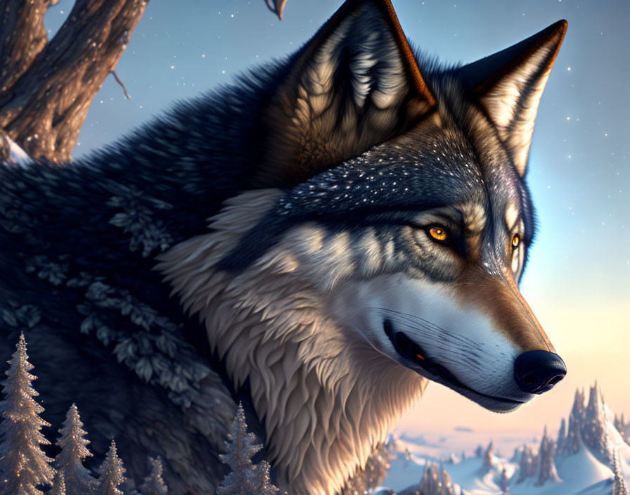 Detailed Photorealistic Wolf Art Against Snowy Forest Background