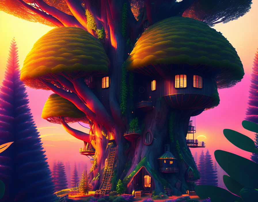 Enchanted forest treehouse with mushroom canopies