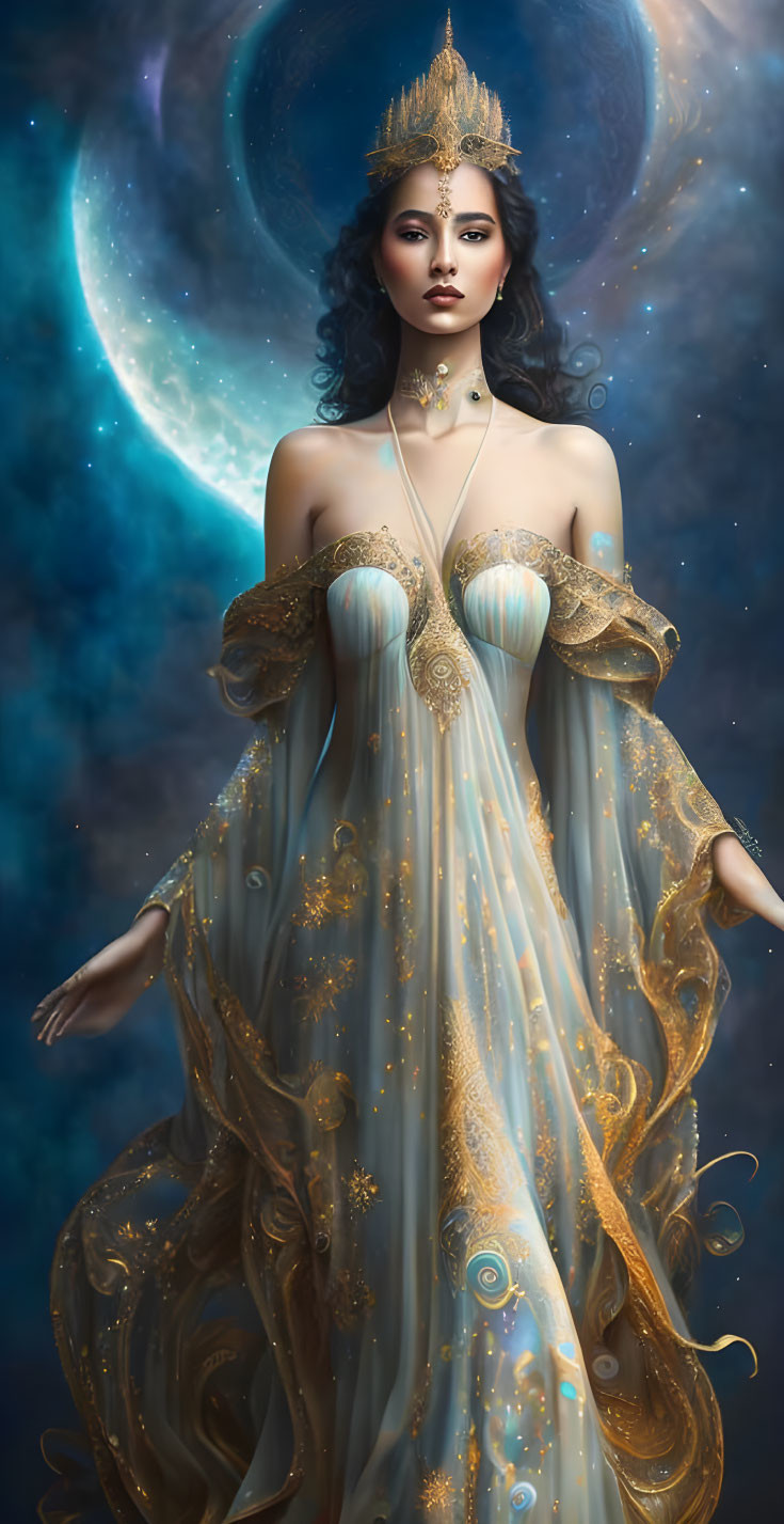Regal figure in gold gown with peacock feather crown against cosmic galaxy.