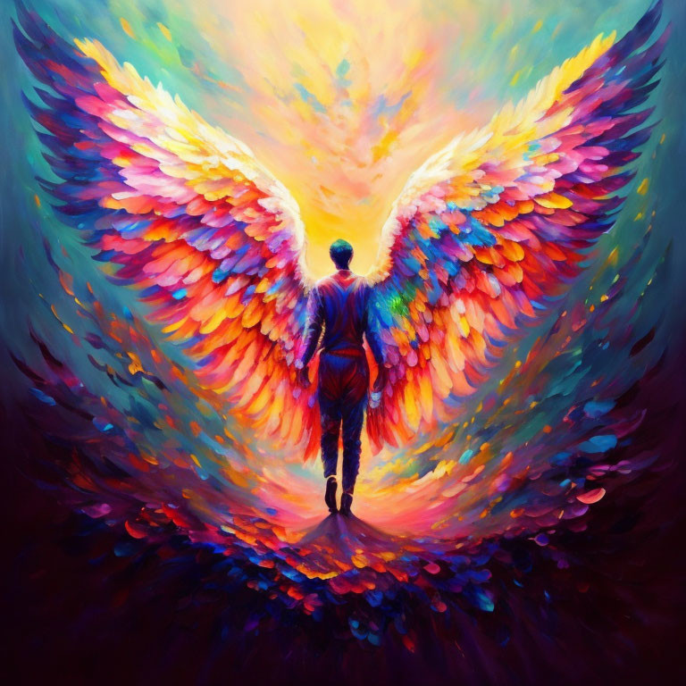 Vibrant multicolored angel wings in bright light