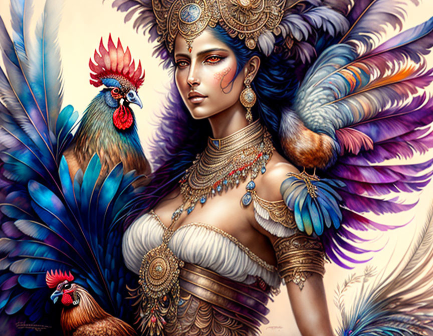 Colorful artwork featuring woman with feathered headdress and roosters