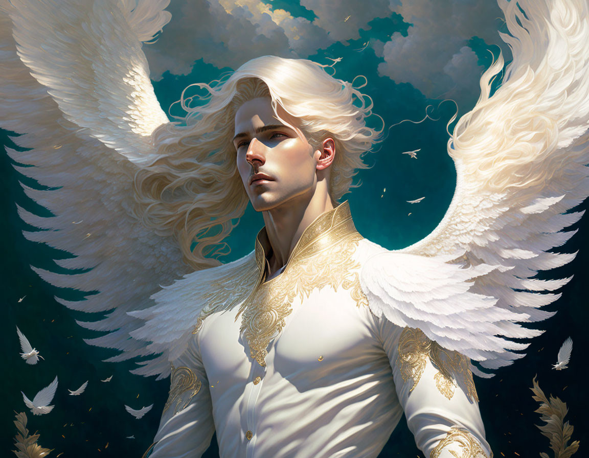 Majestic angel with white wings and serene sky