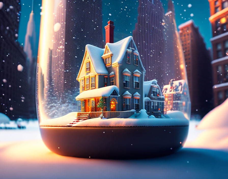 Snow-covered house in winter snow globe with cityscape and falling snowflakes