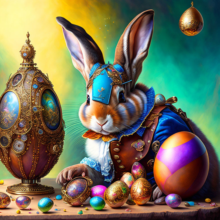 Anthropomorphic rabbit in historical attire with decorative eggs and Fabergé egg.