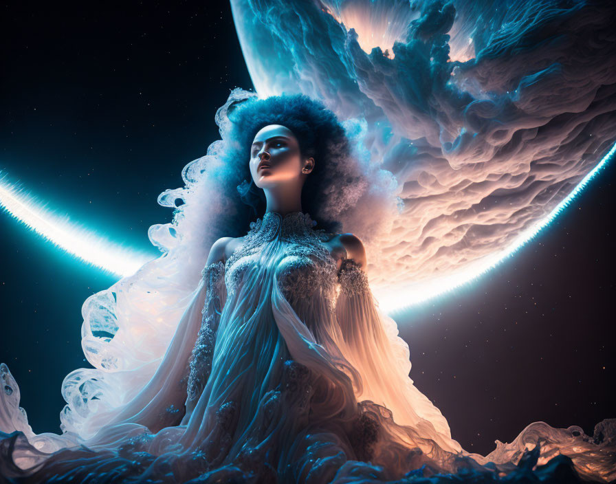 Ethereal woman with voluminous hair in cosmic setting