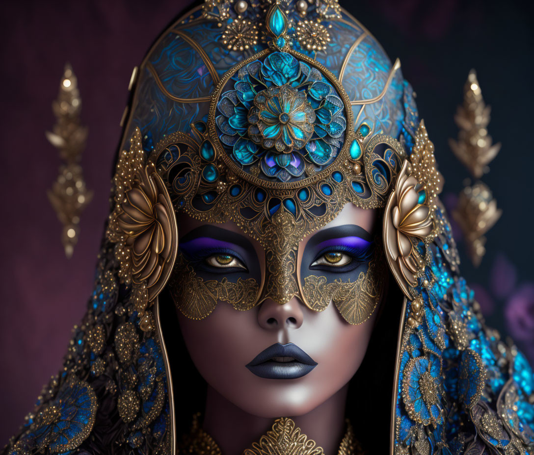Intricate Gold and Blue Gemstone Ornate Mask on Luxurious Dark Background