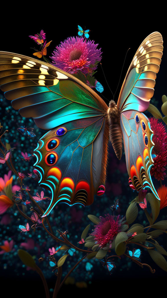 Colorful Butterfly Among Flowers on Dark Background