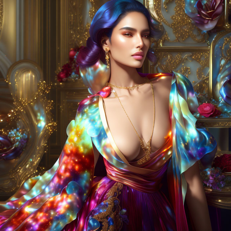 Blue-haired woman in galaxy dress in luxurious golden interior