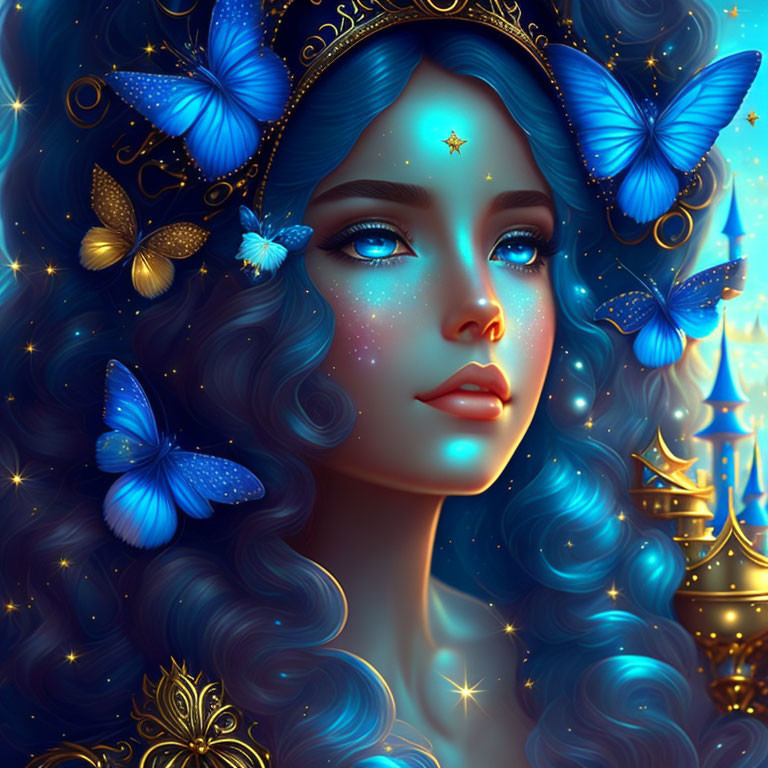 Fantastical portrait of woman with blue skin and butterflies