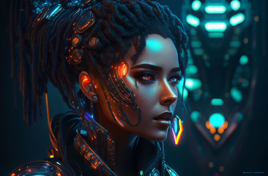 Female futuristic cyborg with glowing lights and elaborate hair.