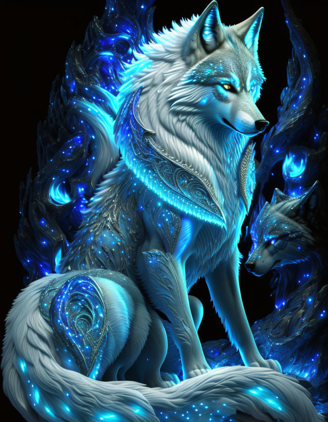 Majestic white and blue wolf with intricate patterns on black background