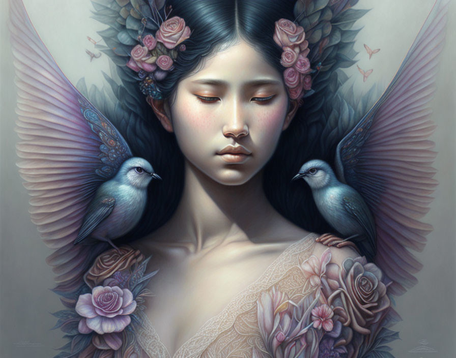 Angelic figure with wings and floral elements in mystical artwork