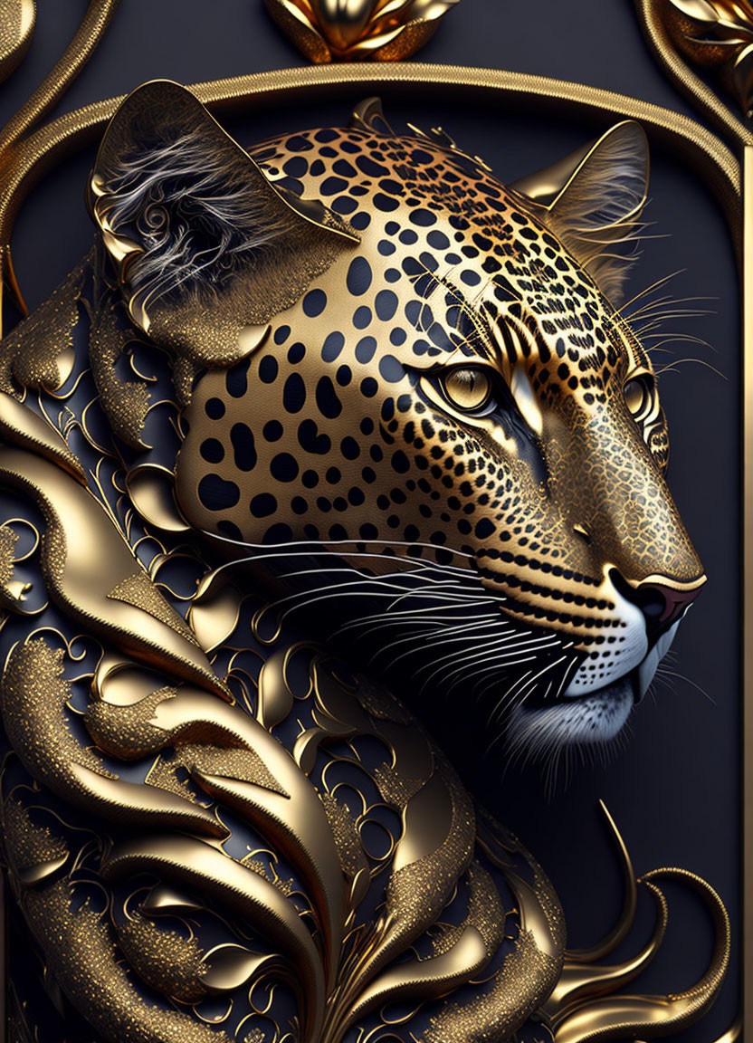 Leopard's head with gold filigree on dark background