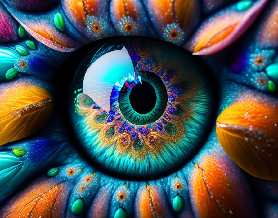Intricate patterns and petal-like textures in colorful eye depiction