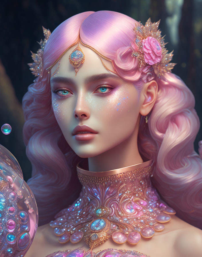 Fantasy-style digital portrait of female character with pink hair and golden crown