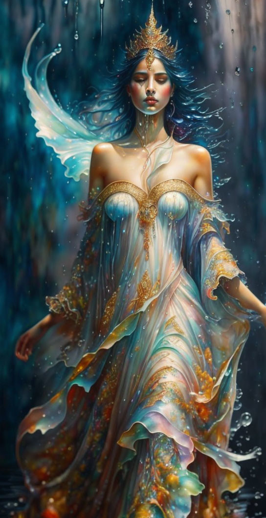 Ethereal woman in flowing dress with diadem, surrounded by cascading water droplets
