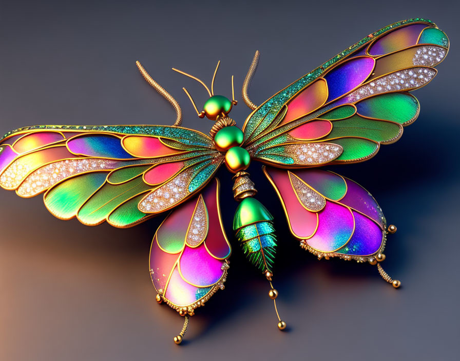 Colorful Digital Butterfly with Iridescent Wings and Gemstone Patterns