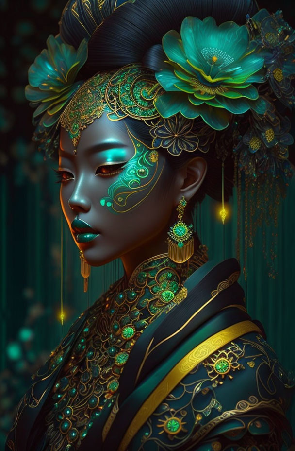 Elaborate Gold and Teal Makeup on Woman in Traditional Attire