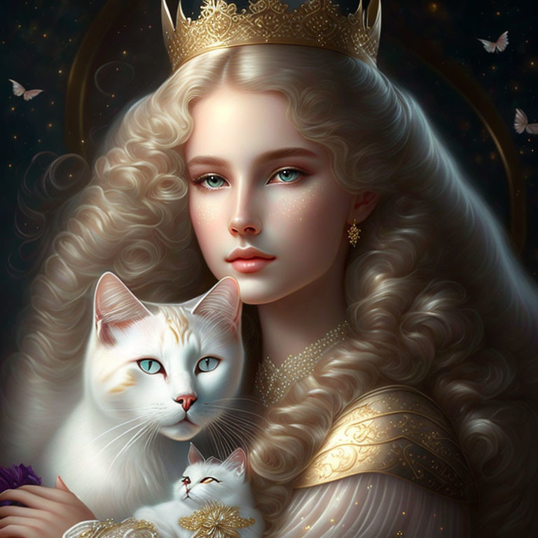 Regal woman with curly hair holding a white cat in golden crown, surrounded by butterflies and starry