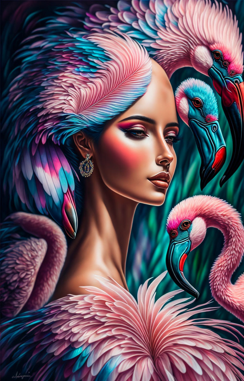 Colorful artwork with woman and flamingos in pink feathers
