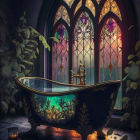 Luxurious Bathtub with Greenery and Stained Glass Windows
