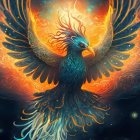 Colorful Mythical Phoenix Illustration on Dark Background