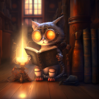 Steampunk-style cat reading book in cozy library with two other cats