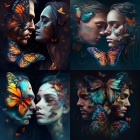Digital Artwork: Two Couples with Butterflies and Flowers Symbolizing Romance and Nature Beauty