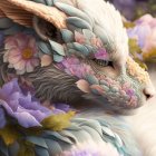 Colorful whimsical dragon with floral and feather-like scales among vibrant flowers