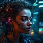 Female futuristic cyborg with glowing lights and elaborate hair.