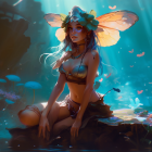 Whimsical fairy with butterfly wings in glowing floral scene