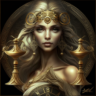 Ethereal woman with Libra symbolism and golden jewelry on dark astrological background