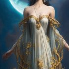 Ethereal woman in ornate gown with blue and gold swirls and crown