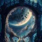 Fantastical staircase swirling towards large moon in starry night sky