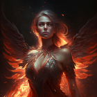 Dark-haired woman with wings in flames, golden feathered collar