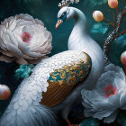 Surreal white peacock with ornate tail feathers and flowers on dark background