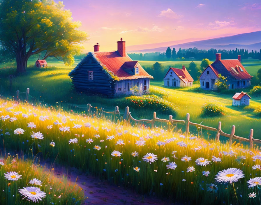 Tranquil rural sunset scene with cottages, daisies, and warm sky
