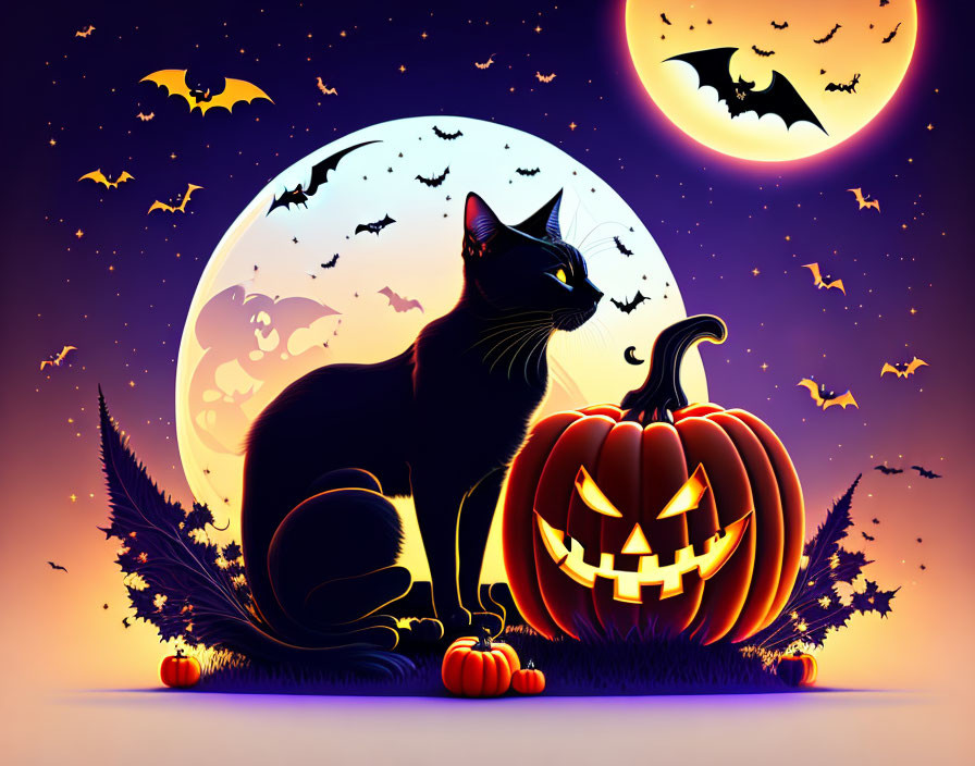 halloween scene with black cats, spiders and pumpk