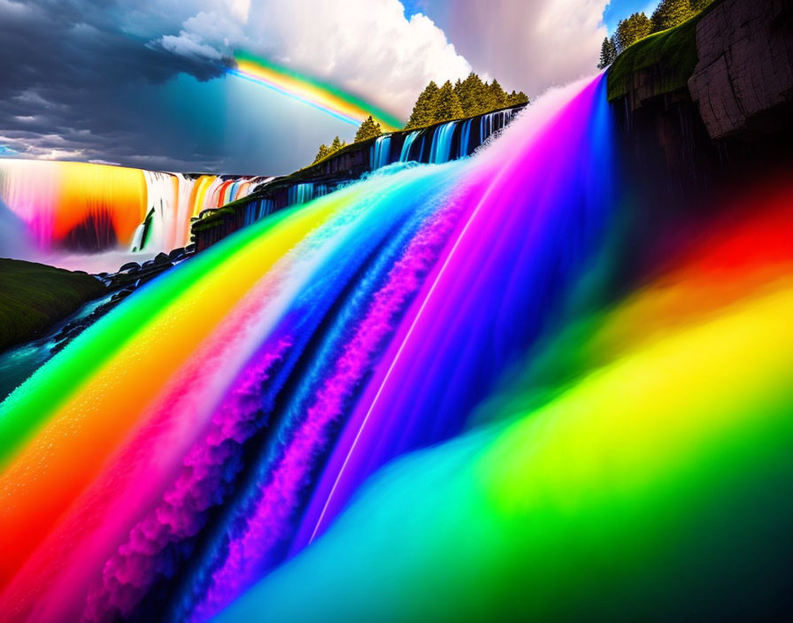  A vibrant rainbow arching over a thundering casca