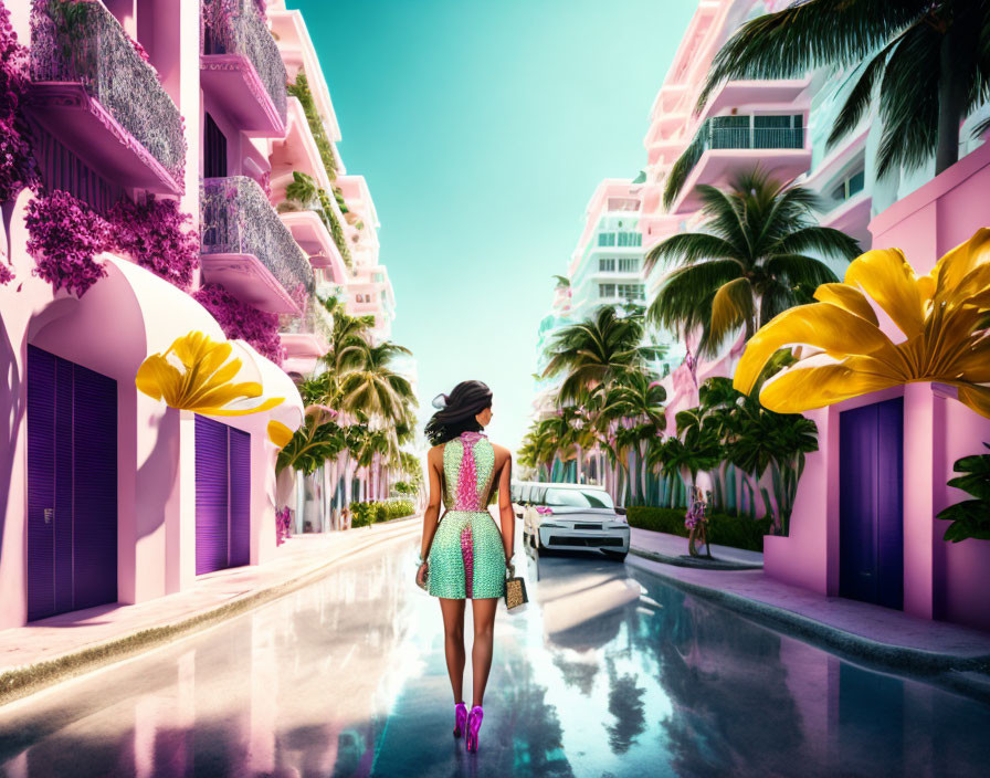 Woman walking towards colorful cityscape with lush greenery under blue sky