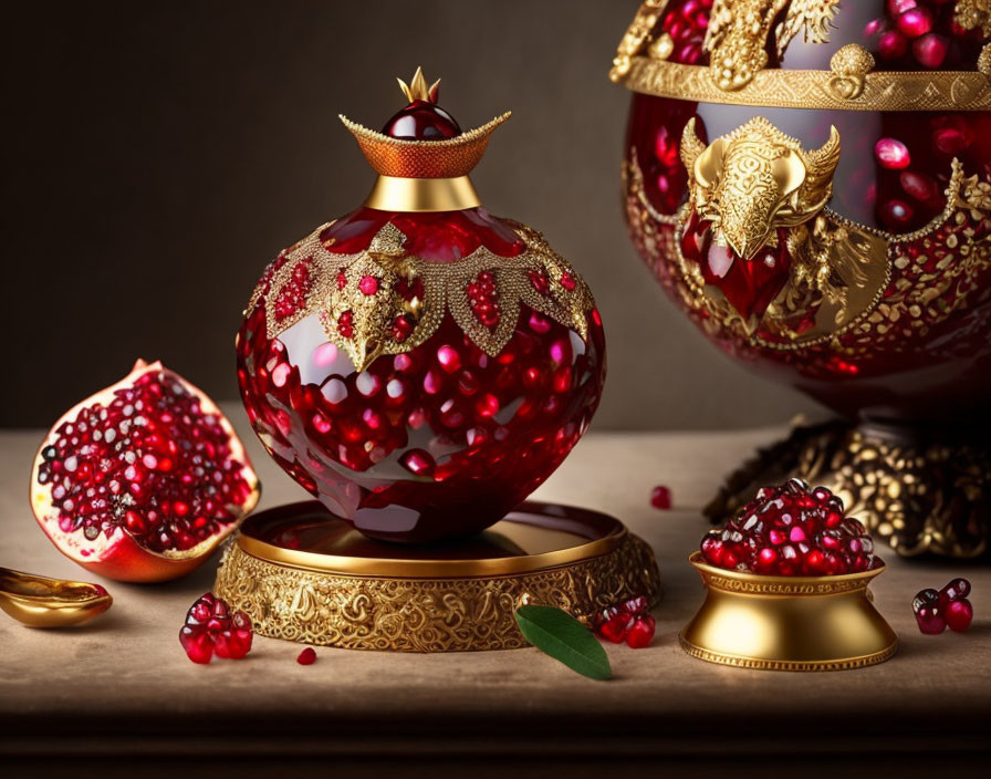 Luxurious red and gold pomegranate-themed bottle with crown lid and real fruit on backdrop