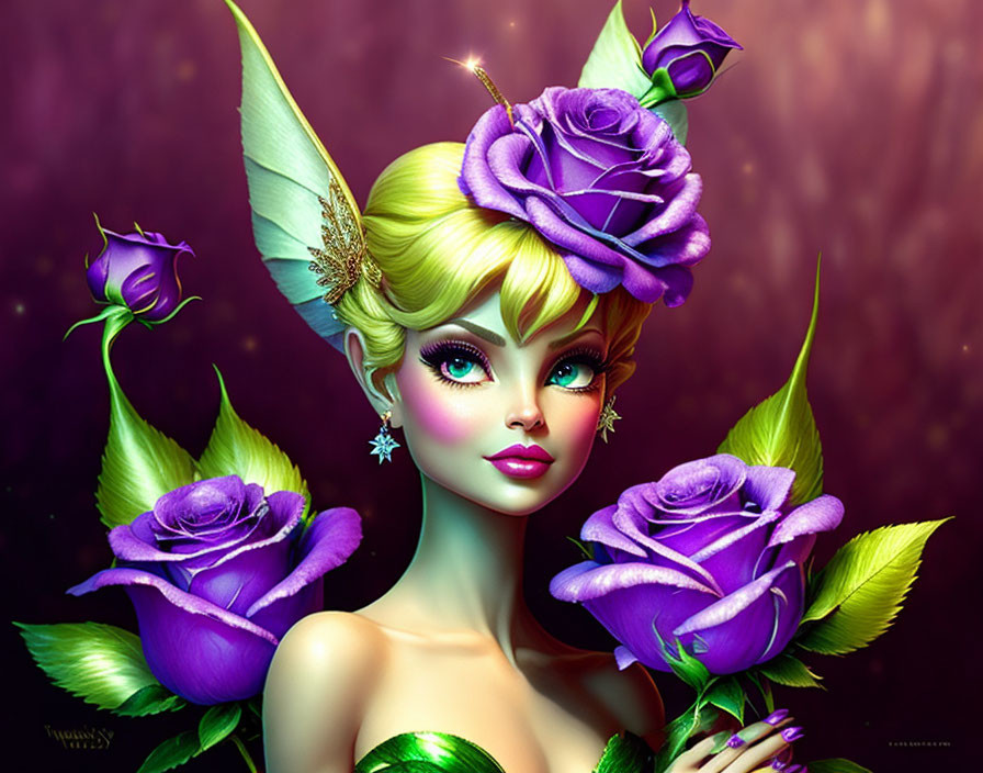 Tinkerbell holding purple roses
