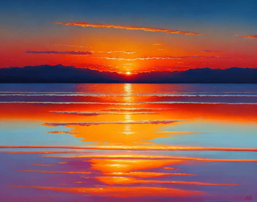  A serene sunset reflecting off the glassy surface